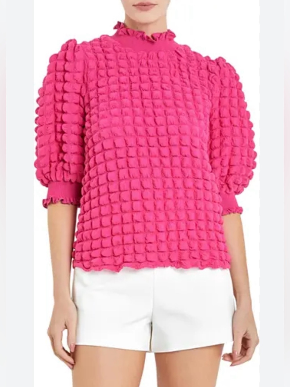 English Factory Hot Pink Bubble Textured Puff Sleeve Blouse
